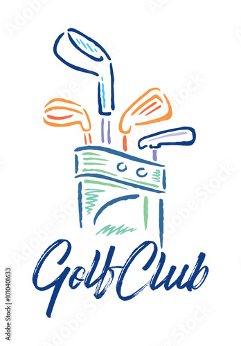 Illustration of a bag and golf clubs in stylized and simple lines.