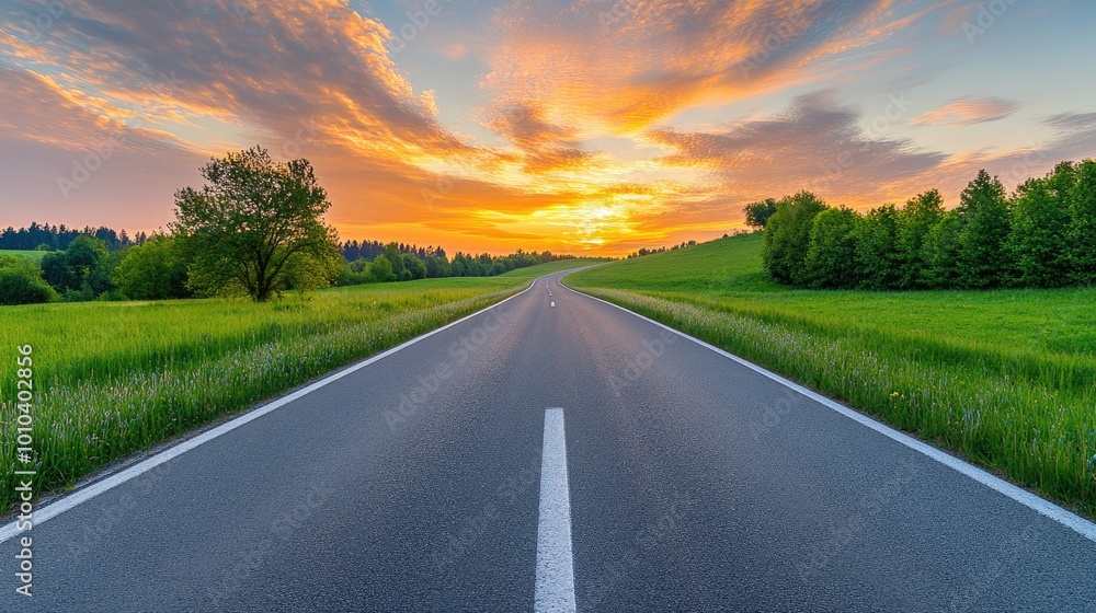 Open Road Leading to Vibrant Sunset in Mountainous Landscape Open Road Leading to Vibrant Sunset in Mountainous Landscape