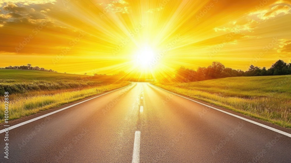 Open Road Leading to Vibrant Sunset in Mountainous Landscape Open Road Leading to Vibrant Sunset in Mountainous Landscape