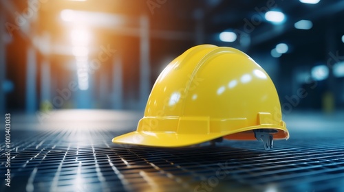 Yellow hard hat with soft reflections, set on a smooth metal table, neon warehouse lights casting subtle shadows, futuristic, high-resolution photography, realistic textures photo