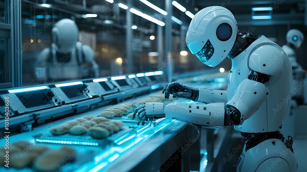 Fototapeta premium A futuristic automated food production line, illuminated by soft blue lights, with robotic arms inspecting food for defects in real-time through advanced AI sensors
