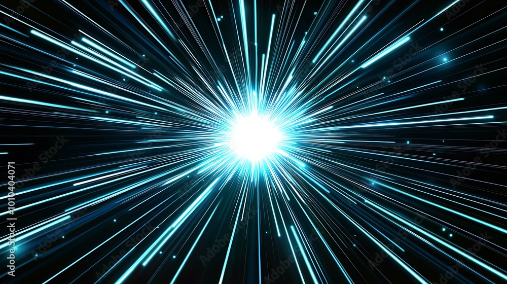 Abstract blue and white light streaks radiating outwards from a bright white center against a black background. Abstract blue and white light streaks radiating outwards from a bright white center against a black background.