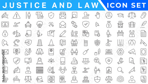 Justice icon set. Containing justice law, court legal, lawyer, judgment, authority, criminal and prison icons. Vector illustration. Solid icon collection