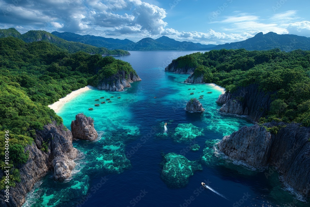 Obraz premium 3D-rendered view of Phuket’s famous beaches, with realistic lighting, textures, and animated waves bringing the tropical paradise to life in a fully immersive digital world