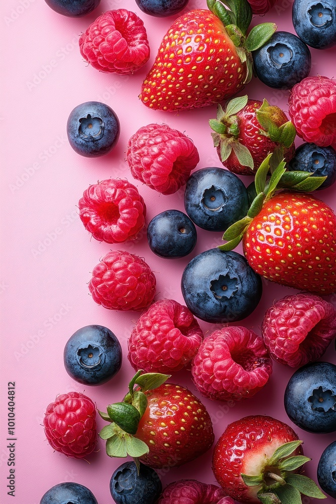 Vibrant Flat Lay of Fresh Strawberries, Blueberries, and Raspberries on Pink Background with Copy Space
Vibrant Flat Lay of Fresh Strawberries, Blueberries, and Raspberries on Pink Background with Copy Space