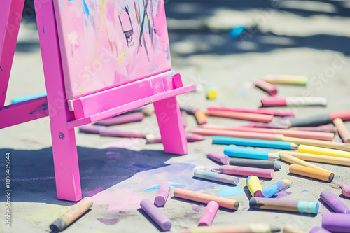 an easel painted in bright baby pink holds a canvas featuring a charcoal drawing accented with soft pastel colors. the ground is scattered with charcoal sticks and chalks photo