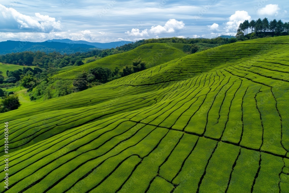 Fototapeta premium A birdâ€™s-eye view of a sprawling tea estate, with neatly arranged rows of tea bushes that form intricate patterns across the hilly terrain