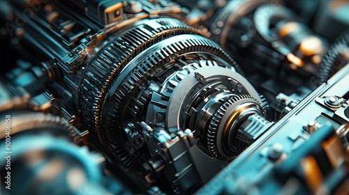 A close-up of a powerful industrial engine, with intricate metal parts and gears, showcasing the complexity