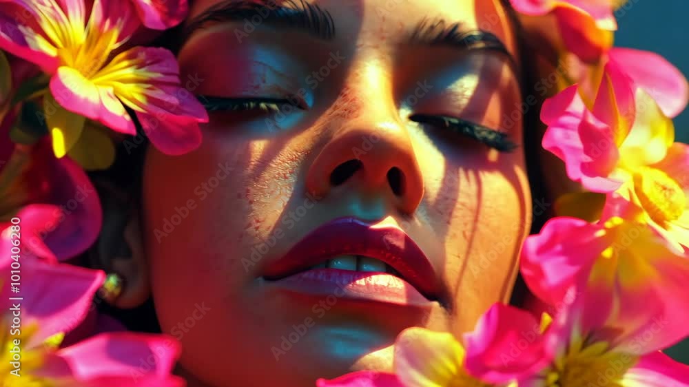 A woman with bright makeup and flowers in her hair, closes her eyes in a moment of peace A woman with bright makeup and flowers in her hair, closes her eyes in a moment of peace