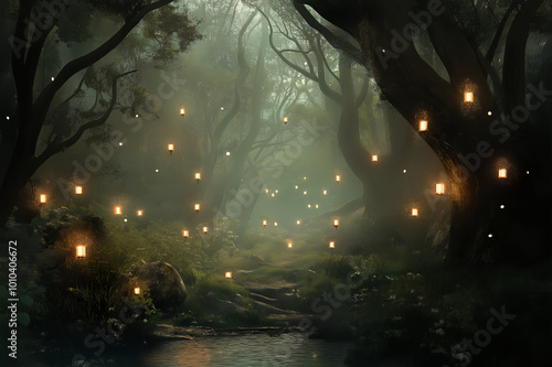 in a mystical forest, hundreds of glowing candles float in the air, illuminating the dark undergrowth with soft light and towering ancient trees are covered in glowing moss