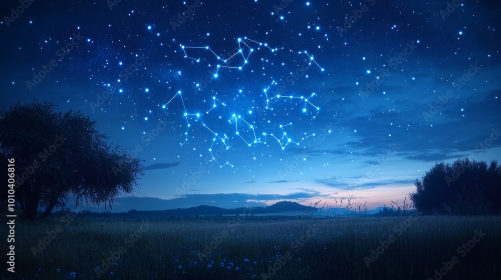 Naklejka premium A starry night sky with a constellation of stars above a field and trees.