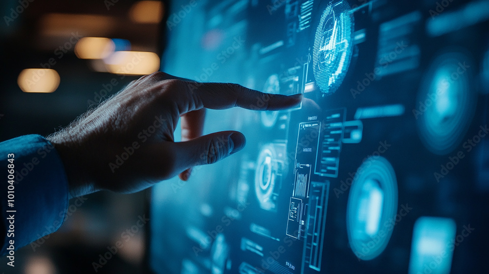 Hand touch visual screen to optimize employee onboarding process through HR software. Hand touch visual screen to optimize employee onboarding process through HR software.