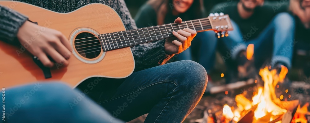 Obraz premium A person playing a guitar by a campfire, surrounded by smiling friends close up The joy of music and togetherness vibrant Double exposure Campfire backdrop