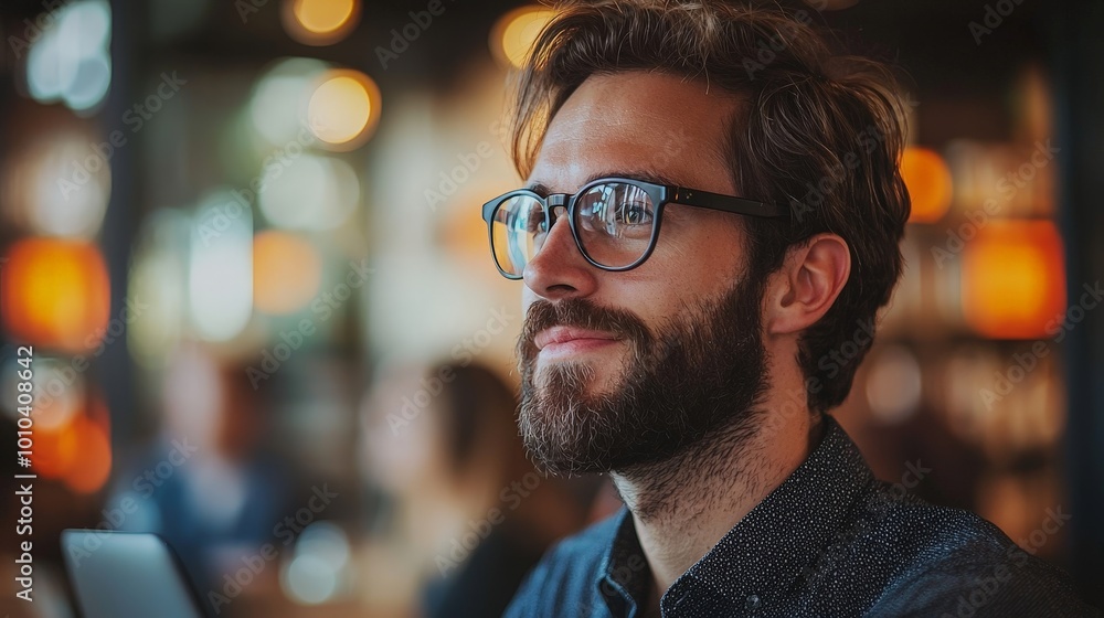 A thoughtful man with glasses smiles while sitting in a cozy café. A thoughtful man with glasses smiles while sitting in a cozy café.