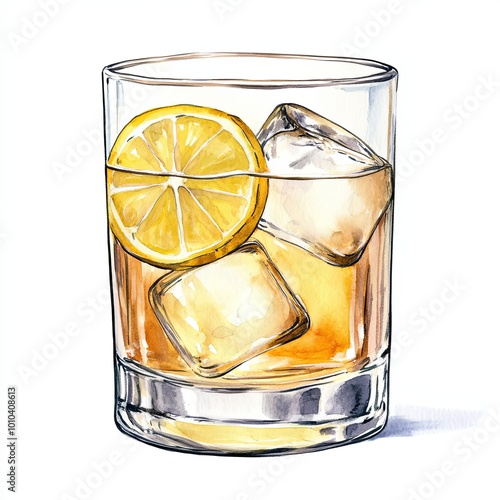 Refreshing cocktail with lemon and ice in a glass