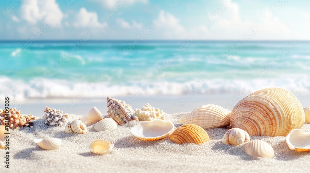 A collection of seashells are scattered on the white sandy beach with a turquoise ocean and blue sky in the background. A collection of seashells are scattered on the white sandy beach with a turquoise ocean and blue sky in the background.