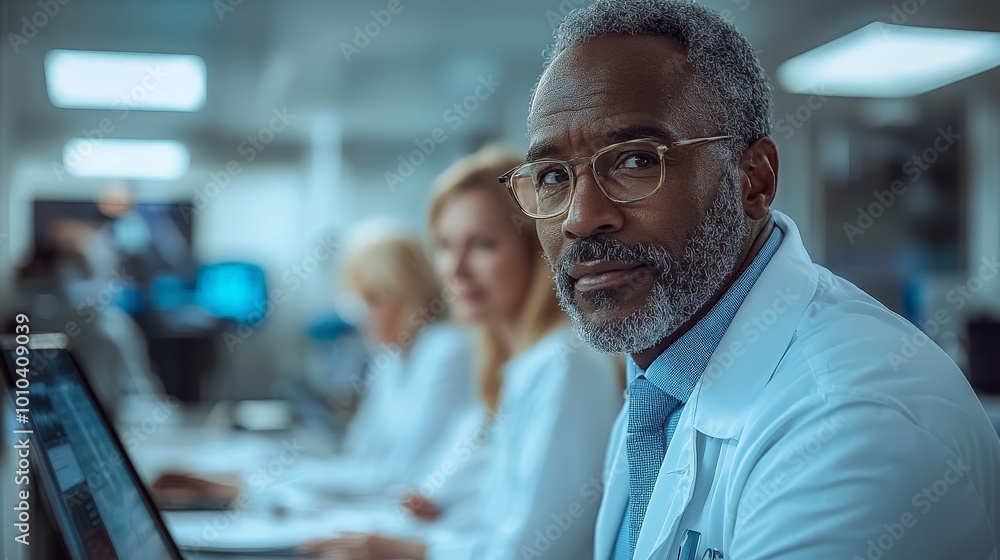 A thoughtful medical professional in a modern healthcare setting, engaged in work. A thoughtful medical professional in a modern healthcare setting, engaged in work.