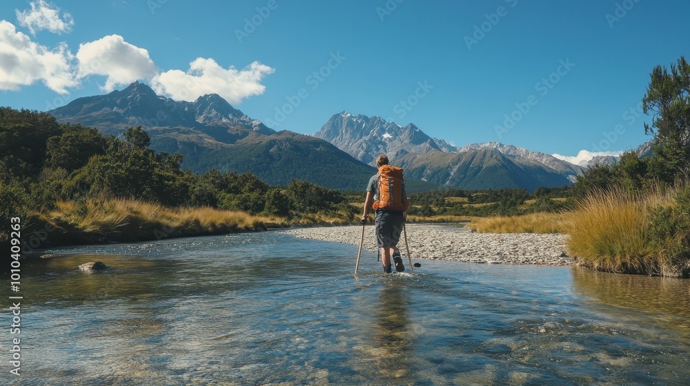 A hiker wades through a river, surrounded by stunning mountains and clear blue skies. A hiker wades through a river, surrounded by stunning mountains and clear blue skies.