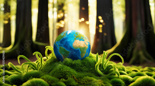 A serene and vibrant Earth Day featuring a lush green globe nestled among a carpet of emerald moss, surrounded by tall ancient tree trunks in a dense forest, with unfocused, warm golden sunlight filte photo