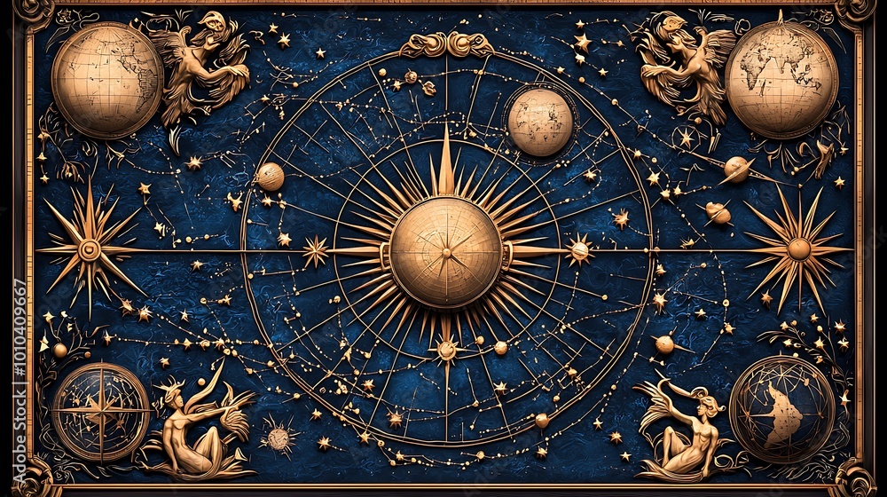 Obraz premium Celestial Map with Golden Compass and Stars on Blue Background