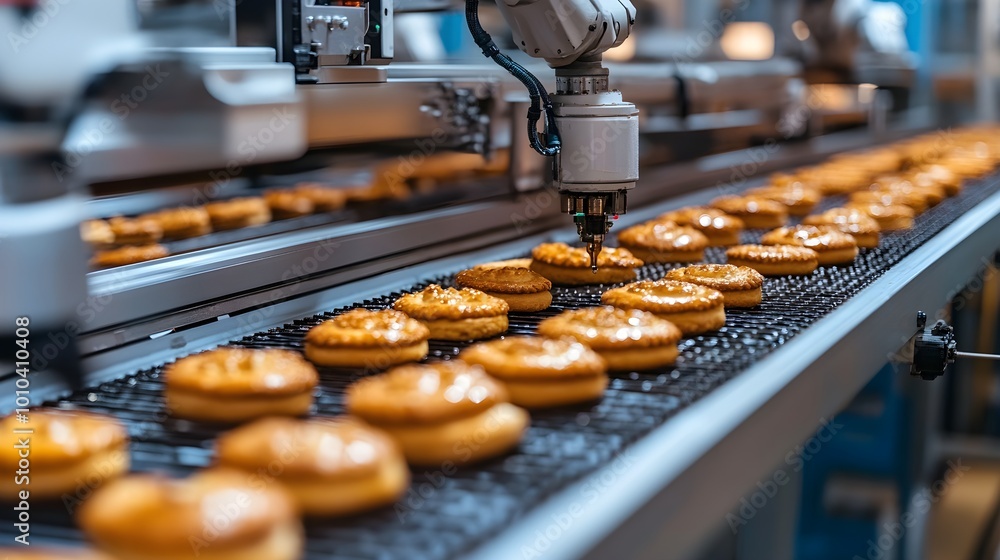 High-tech robotic arms carefully placing assorted pastries on an automated conveyor belt, monitored by AI for precision and safety in a modern factory setting High-tech robotic arms carefully placing assorted pastries on an automated conveyor belt, monitored by AI for precision and safety in a modern factory setting