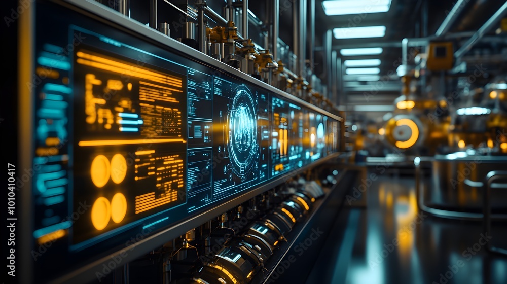 An ultra-modern food factory with robotic drones inspecting products, AI holographic monitors displaying data, sterile and minimalist environment An ultra-modern food factory with robotic drones inspecting products, AI holographic monitors displaying data, sterile and minimalist environment