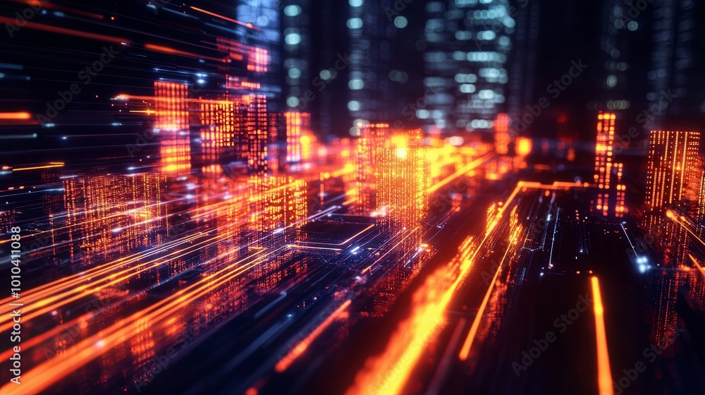 Obraz premium Futuristic cityscape with glowing neon lights and data streams