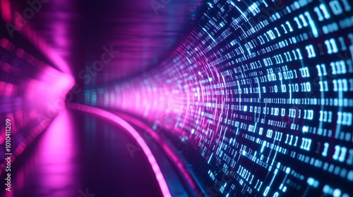 Futuristic digital tunnel with binary code display