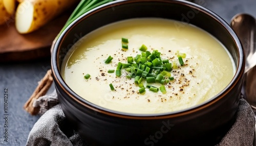 Creamy Potato Soup with Fresh Chives in Black Bowl