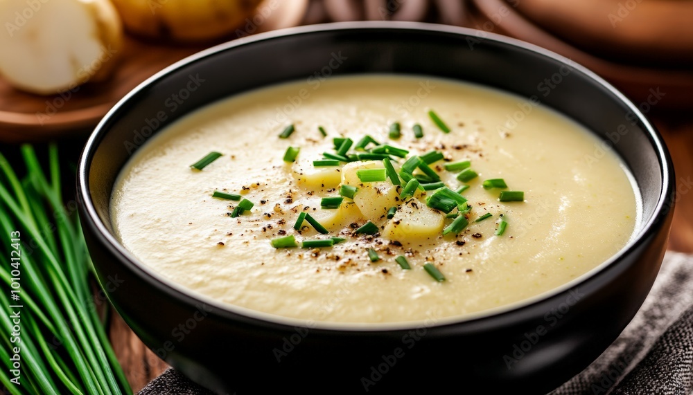 Creamy Potato Soup with Chives in Black Bowl Creamy Potato Soup with Chives in Black Bowl