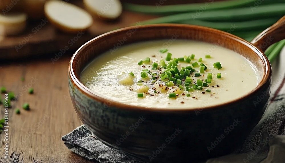 Creamy Potato Soup with Fresh Chives in Rustic Bowl Creamy Potato Soup with Fresh Chives in Rustic Bowl