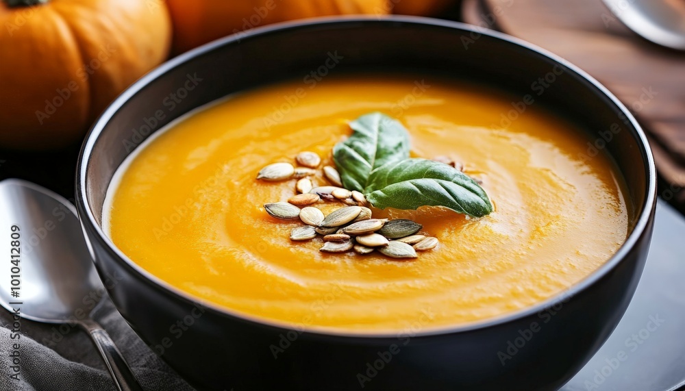Creamy Pumpkin Soup with Pumpkin Seeds and Basil Garnish Creamy Pumpkin Soup with Pumpkin Seeds and Basil Garnish