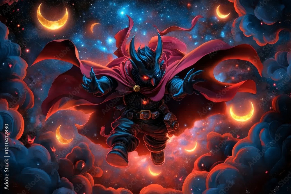A group of vampire gnomes flying through a starry night sky, with their capes billowing in the wind, surrounded by glowing moons and stars in a mystical watercolor setting A group of vampire gnomes flying through a starry night sky, with their capes billowing in the wind, surrounded by glowing moons and stars in a mystical watercolor setting