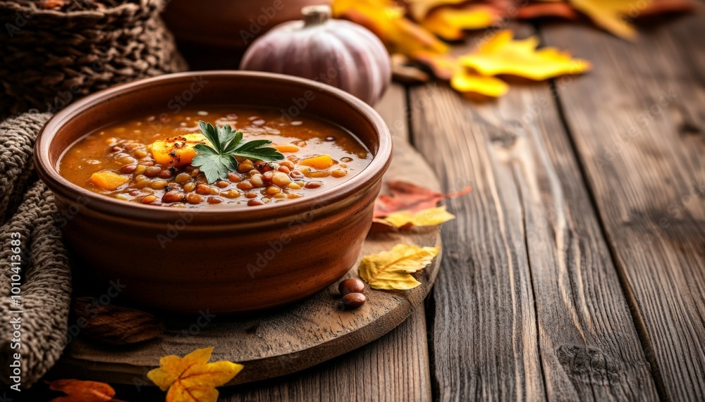 Hearty Bean Soup with Autumn Leaves and Pumpkin on Wooden Table Hearty Bean Soup with Autumn Leaves and Pumpkin on Wooden Table