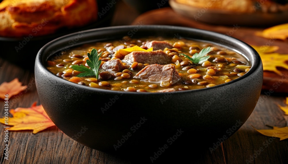 Beef and Lentil Stew in Black Bowl with Autumn Decor Beef and Lentil Stew in Black Bowl with Autumn Decor