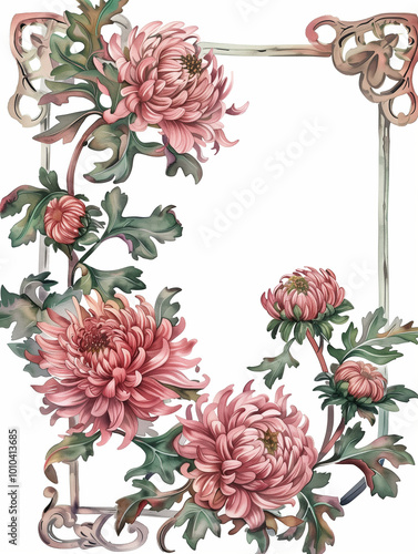 Ethereal watercolor depiction of pink chrysanthemum blossoms with verdant foliage, framed by an empty black border, set against a vibrant backdrop of red and purple splashes,