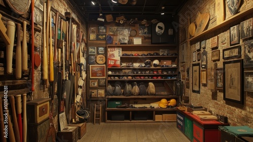 A cluttered room with shelves filled with baseball memorabilia