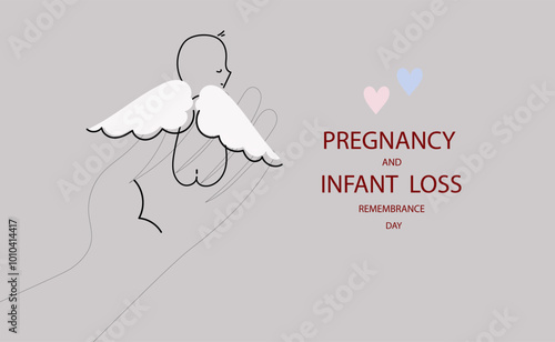 International day of Pregnancy and infant loss remembrance day line art poster. Unborn child with wings. Miscarriage and terminated pregnancy concept. Vector doodle hand drawn illustration.