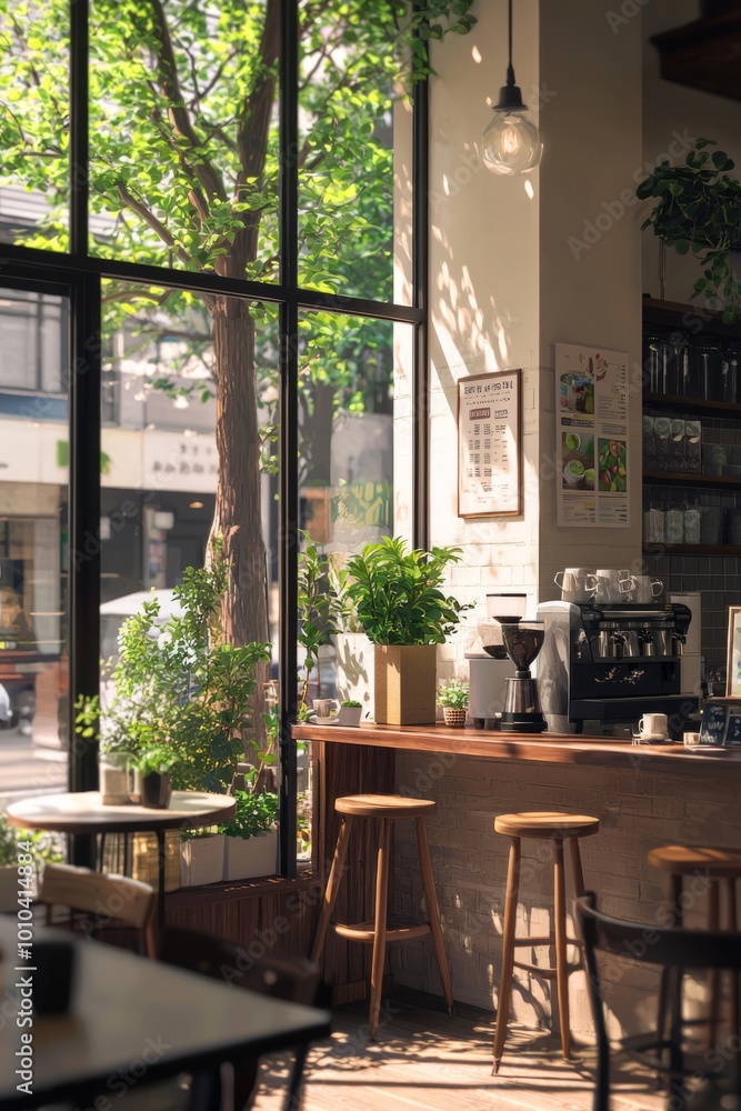 Obraz premium Cozy corner of a café with a smoothie bar setup. The bartender is adding fresh greens to a blender