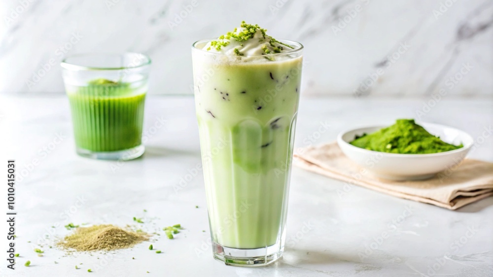 Iced matcha latte with whipped cream and matcha powder. Iced matcha latte with whipped cream and matcha powder.