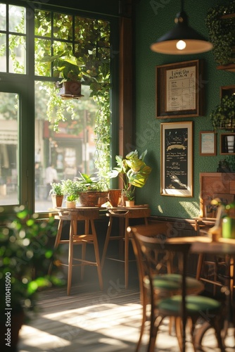 Cozy corner of a cafe   with a smoothie bar setup. The bartender is adding fresh greens to a blender
