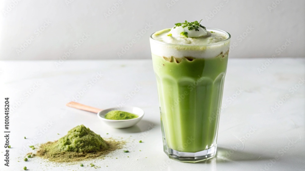 Iced Matcha Latte with Whipped Cream and Powder. Iced Matcha Latte with Whipped Cream and Powder.