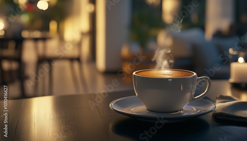 Steaming Cup of Coffee in Warm Cozy Café Setting