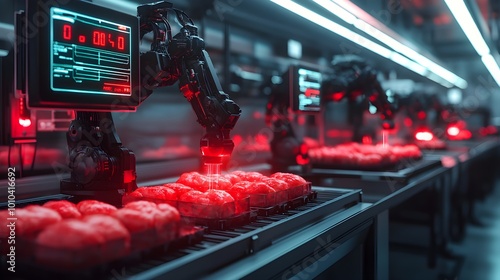 Multiple robotic arms inspecting food products using red laser beams, holographic screens showing quality metrics, Cool industrial environment, Cyberpunk, Neon, Realistic render