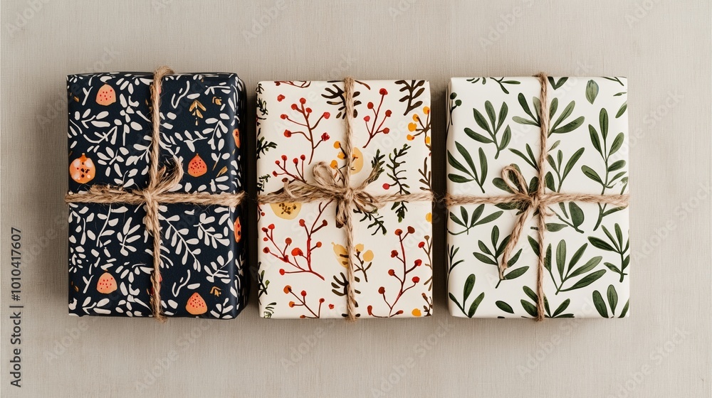 Three beautifully wrapped gifts with patterned paper and twine, arranged on a neutral background for an elegant, festive display. Three beautifully wrapped gifts with patterned paper and twine, arranged on a neutral background for an elegant, festive display.