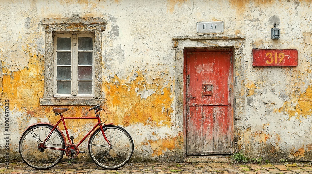 A red bicycle leaning against a weathered wall with a red door and window. A red bicycle leaning against a weathered wall with a red door and window.