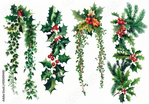 Festive holiday decor with fresh holly, mistletoe, and evergreens on a white background