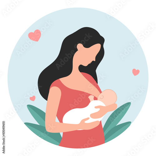 Mother breastfeeding newborn baby in her arms flat design.