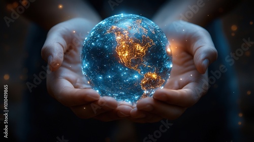 A gentle embrace of light and hope: holding a glowing representation of Earth in hands surrounded by shimmering stars