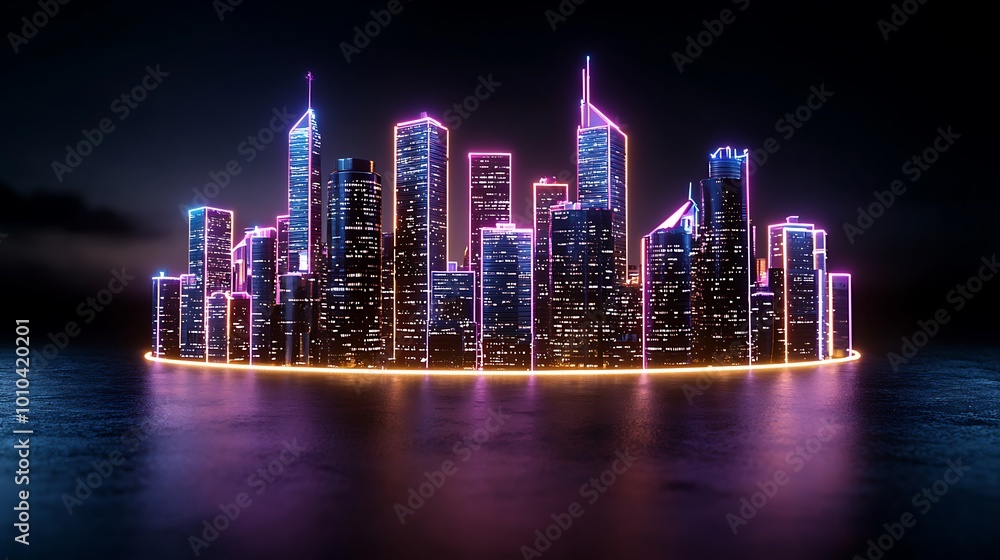 Obraz premium Futuristic Neon Cityscape with Glowing Towers and Reflective Water